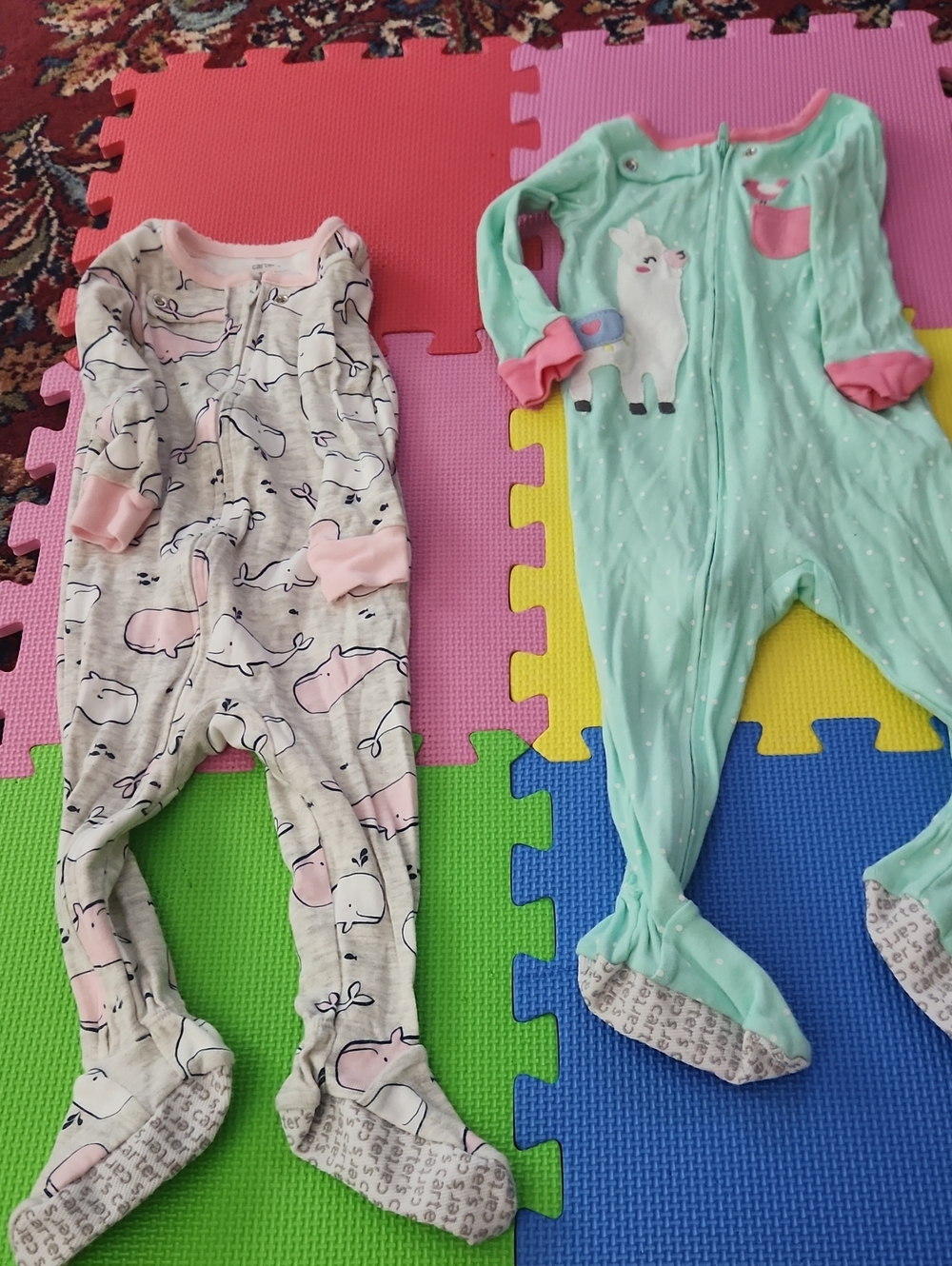 Carter's Mint Green and Light Gray Footed Baby One-Pieces with Pink Accents